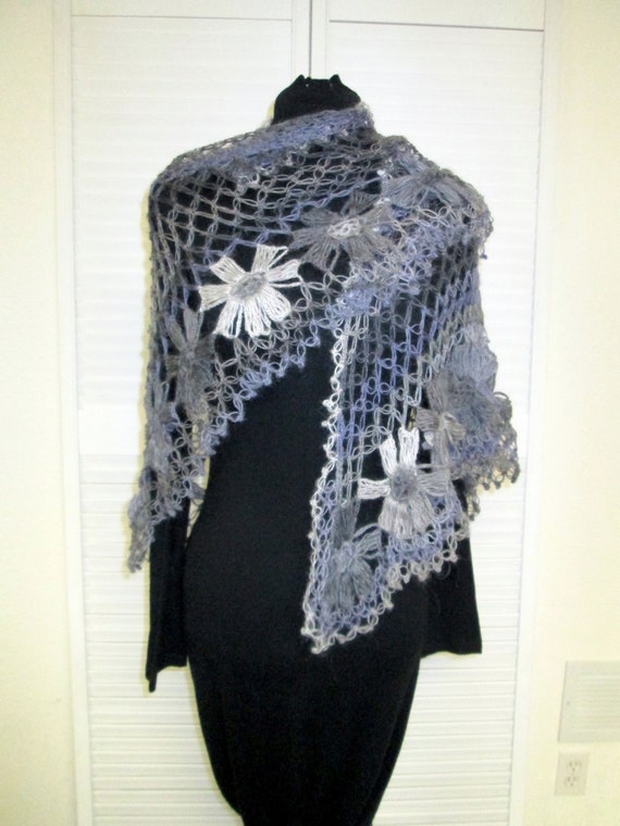 Crochet Floral Purple/gray Angora Lace Shawl/wrap
