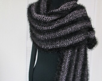 Faux Fur Eyelash Striped Hand Crochet Shawl Wrap