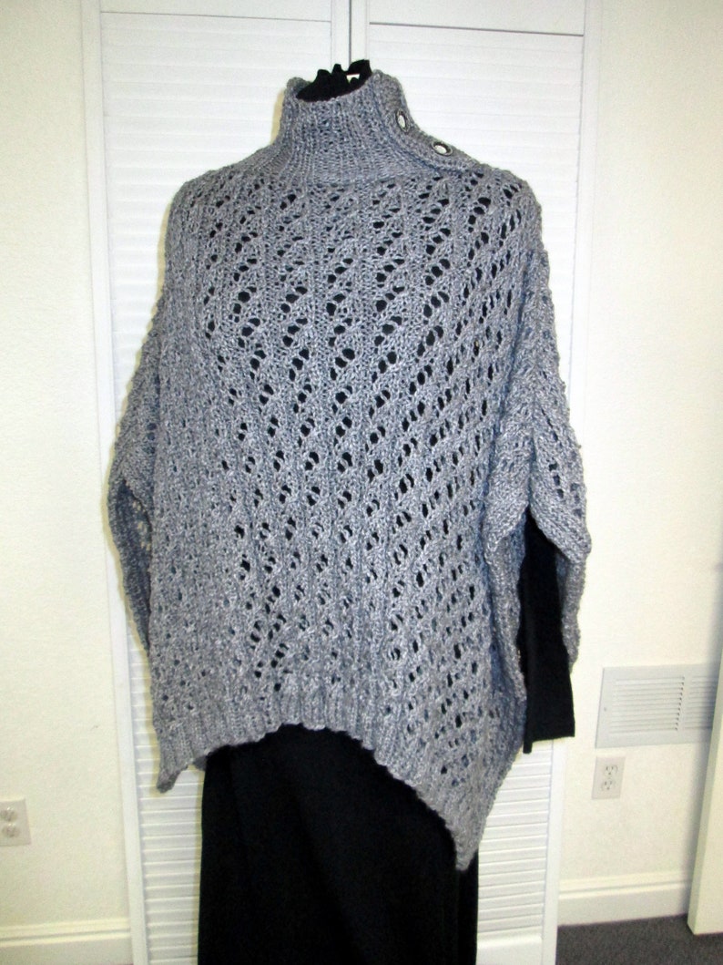 Soft Wool Knit Poncho with Faux Button Collar