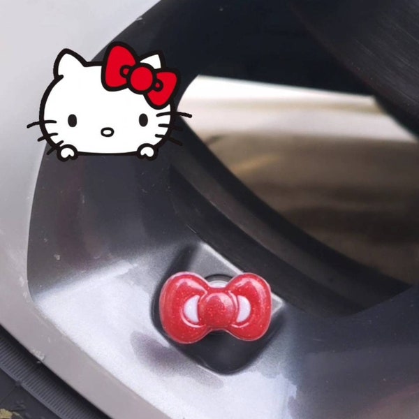 Red Japanese Kawaii Kitty Red Bow Car Valve Stem Caps, Kawaii JDM Car Accessories, Kitty Car Accessories, Red Valve Stem Caps, Red JDM Car