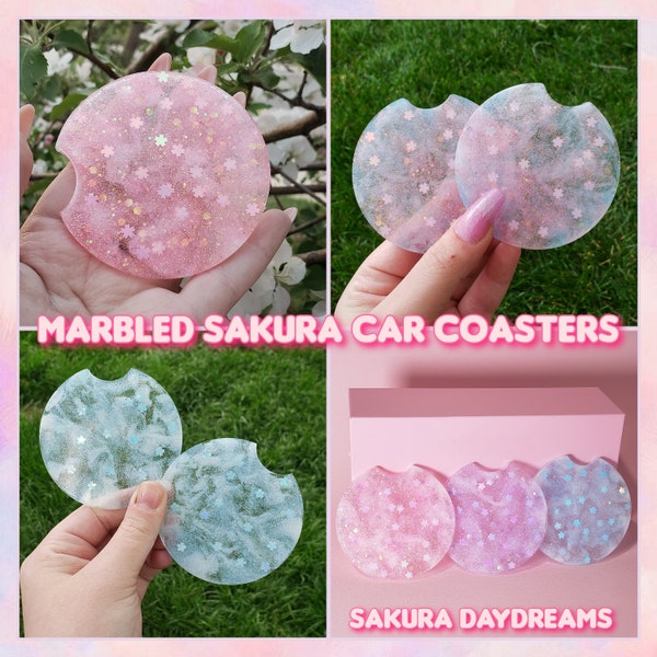 Pastel Sakura Cherry Blossom Car Coaster Set, Pink Blue Lilac Cherry Blossom Car Coaster, Pastel JDM Car Accessories, Sakura Car Accessories