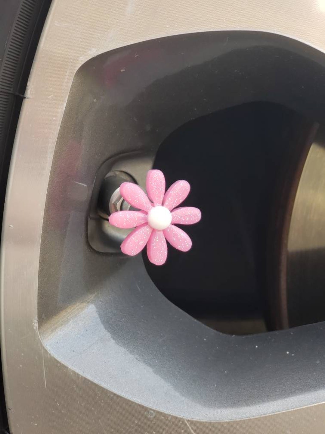 Pink Glittery Daisy Flower Valve Stem Caps, Kawaii JDM Car Accessories