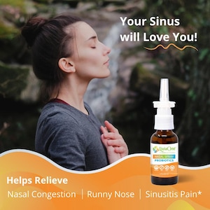 May include: An image of a woman with her eyes closed, with the text "Your Sinus will Love You!" A brown bottle of LiviaOne Nasal Spray Probiotics is in the foreground. The text "Helps Relieve Nasal Congestion | Runny Nose | Sinusitis Pain*" is also visible.