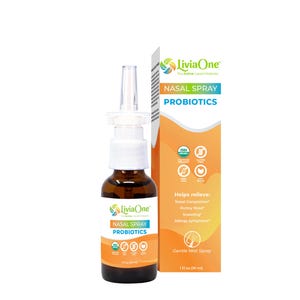 May include: A brown glass bottle of LiviaOne Nasal Spray Probiotics with a white and clear spray nozzle. The product is displayed next to its orange and white box, which lists the product's benefits.
