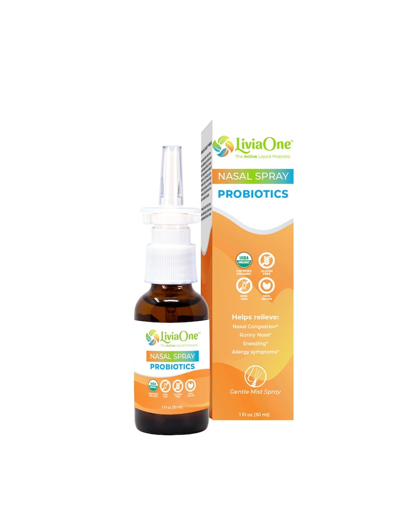 May include: A brown glass bottle of LiviaOne Nasal Spray Probiotics with a white and clear spray nozzle. The product is displayed next to its orange and white box, which lists the product's benefits.