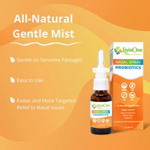 May include: An orange and white box and a brown nasal spray bottle are displayed against an orange background. The box reads "NASAL SPRAY PROBIOTICS" and "All Natural Gentle Mist." The bottle is labeled "LiviaOne" and "NASAL SPRAY PROBIOTICS."