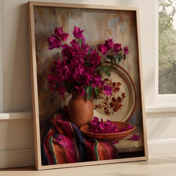 Mexican Bougainvillea Wall Art,Talavera Art,Mexican Kitchen Decor, Rustic Botanical Poster,Latina Art, Mexico Decor