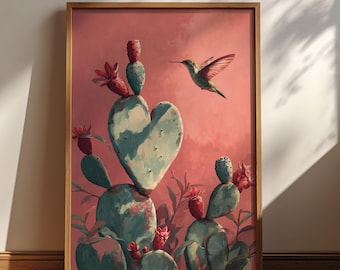 Arte mexicano de nopales, arte mural de cactus mexicanos, póster de colibrí mexicano, arte botánico, pósteres latinos, arte folclórico mexicano