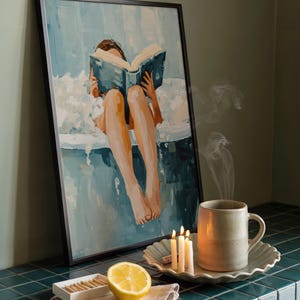 Väggkonst för avkopplande badtid, väggdekoration för badrum, mysig badrumsdekoration, kvinna som läser, avkopplande spa-konst, vintage badrumsaffisch