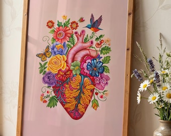 Arte mural mexicano, arte mexicano, arte mural de corazón floreciente, arte mural rosa, arte de corazón mexicano, pintura al óleo de México