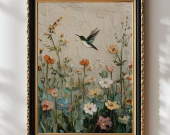 Hummingbird Art, Wild flowers wall art, Wild Field Poster, Brushstroke Art, floral art,