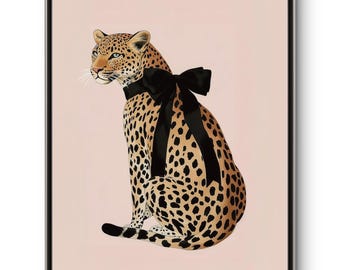 Pink Leopard Wall Art,Coquette Leopard, Black Bow Nursery Decor, Stylish Room Decoration