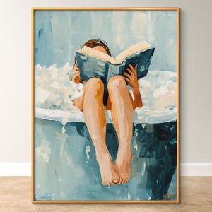Relaxing Bath Time Wall Art,Bathroom wall decor,Cozy Bathroom Decor, Woman Reading in Tub,Relaxing Spa Art, Vintage Bathroom Poster