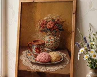 Arte de cafecito y pan dulce, arte de cafecito, carteles mexicanos, arte mexicano, decoración latina, arte de pan dulce, regalos mexicanos, arte de cocina mexicana