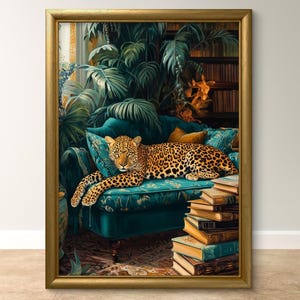 Slaperige luipaard, smaragdgroen maximalistische muurkunst - jungle slaapkamer decor - boho kunst aan de muur - eclectisch decor, kunst aan de muur boek, kunst aan de muur