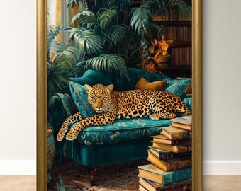 Sleepy Leopard , Emerald Green Maximalist Wall Art - Jungle Bedroom Decor - Boho Wall Art - Eclectic Decor, Book wall art, Wild animal art