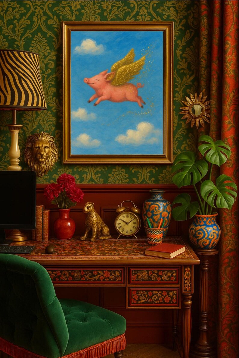 Flying Glittery Pig Wall Art Print, Cute Animal Decor, Matte Poster Print, Kids Room Decor, Farm Animal Nursery Art, Pig image 4