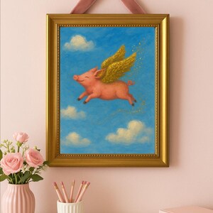 Flying Glittery Pig Wall Art Print, Cute Animal Decor, Matte Poster Print, Kids Room Decor, Farm Animal Nursery Art, Pig image 3