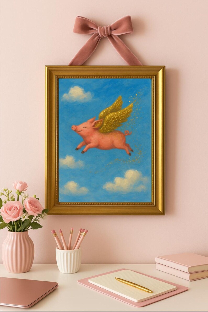 Flying Glittery Pig Wall Art Print, Cute Animal Decor, Matte Poster Print, Kids Room Decor, Farm Animal Nursery Art, Pig image 3
