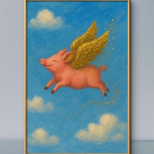 Flying Glittery Pig Wall Art Print, Cute Animal Decor, Matte Poster Print, Kids Room Decor, Farm Animal Nursery Art, Pig image 1