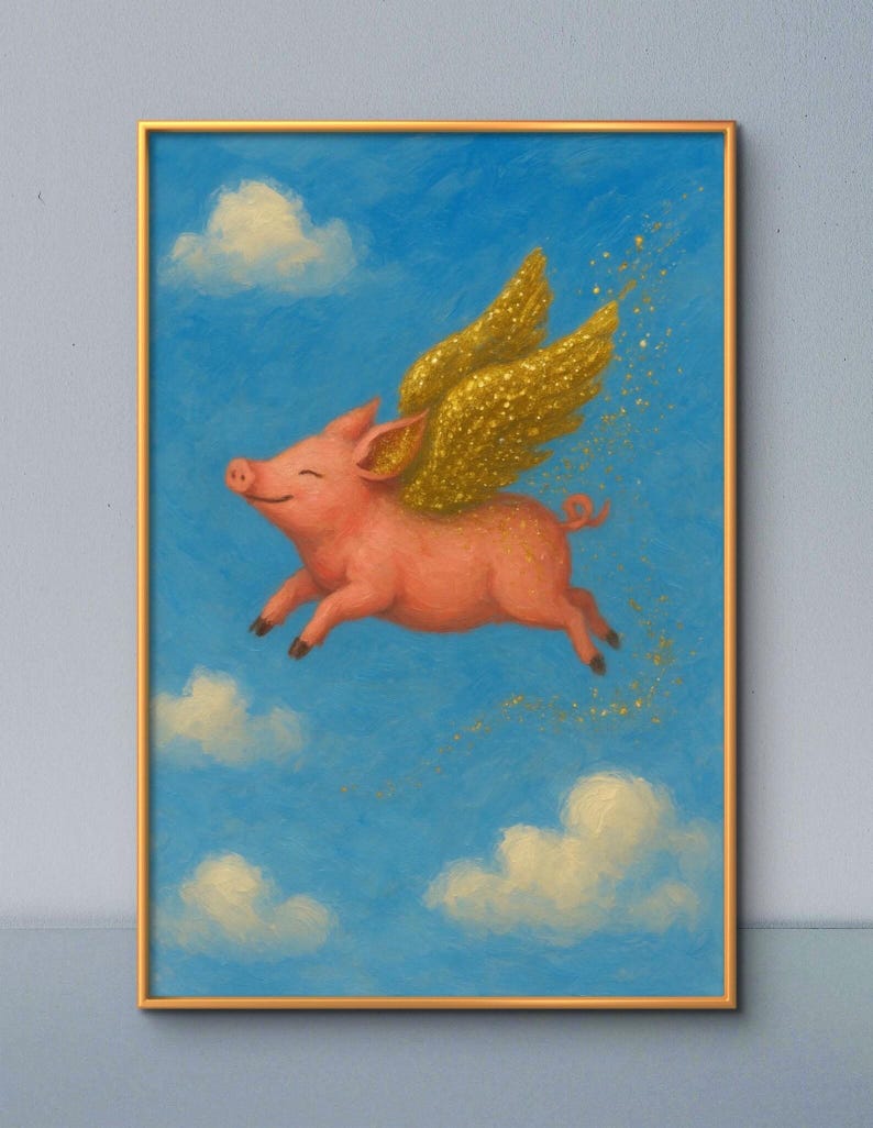 Flying Glittery Pig Wall Art Print, Cute Animal Decor, Matte Poster Print, Kids Room Decor, Farm Animal Nursery Art, Pig image 1