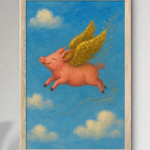 Flying Glittery Pig Wall Art Print, Cute Animal Decor, Matte Poster Print, Kids Room Decor, Farm Animal Nursery Art, Pig image 2