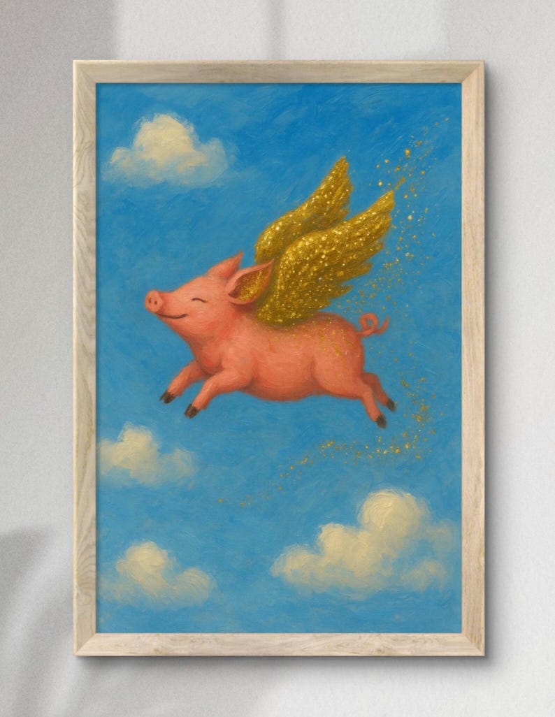 Flying Glittery Pig Wall Art Print, Cute Animal Decor, Matte Poster Print, Kids Room Decor, Farm Animal Nursery Art, Pig image 2