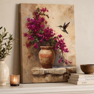 Canvas Print Bougainvillea Hummingbird Canvas Print, Mexican Rustic Wall Art, Terracotta Pot Floral Painting, Mediterranean Kitchen Decor
