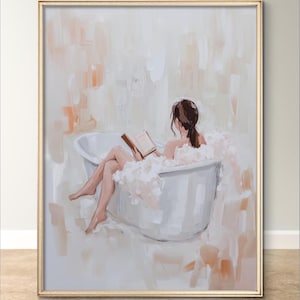 Ontspannen vrouw verticale poster, badkamer muurkunst, bad lezen print, woondecoratie, literair cadeau, matte muur hangen
