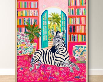 Maximalist wall art, Zebra Design with Book Shelf, Unique Wall Art, Home Decor, Animal Print Poster, Black and White Art Print