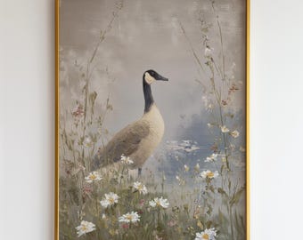 Graceful Goose Wall Art |Goose Wall Art Print |Cottagecore Bird Art, Farmhouse Floral Meadow Decor | Rustic Nature Art |Country floral Art
