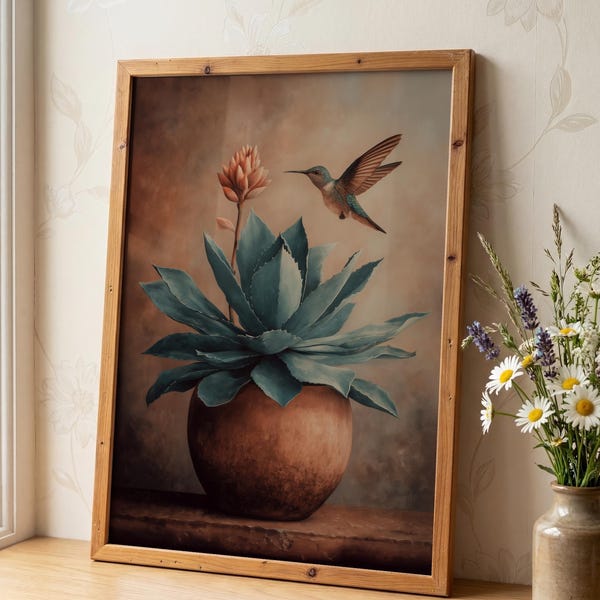 Arte mural de agave mexicano, arte mexicano, arte mural mexicano, arte de colibríes, arte latino, regalos mexicanos