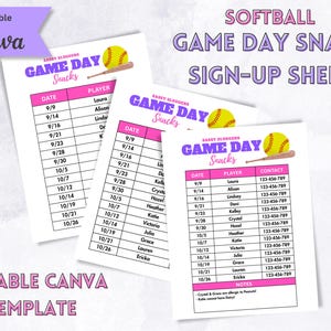 Puede incluir: Plantilla de hoja de inscripción para refrigerios del día del juego de softbol. El diseño presenta un gráfico de softbol y bate, con acentos rosas y morados. El texto incluye "Game Day Snacks" y "Editable on Canva".