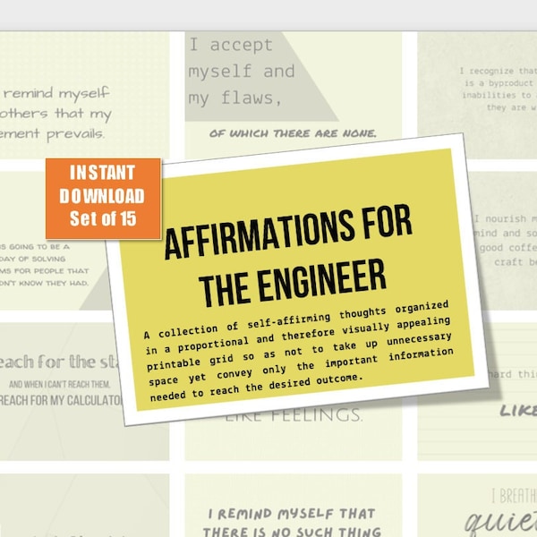 Hilarious and (painfully) accurate PRINTABLE AFFIRMATIONS for the ENGINEER | Set of 15 cards |  Funny Engineering Gifts for Him or Her