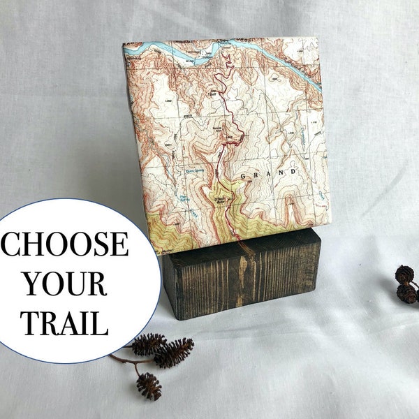 Personalized Custom Trail Map Gift | Unique Gift for Hikers or Outdoor Lovers | Topographic Map Print on Tile with Wood Stand