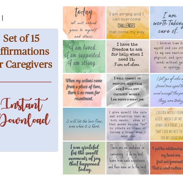 Printable Positive Affirmation Cards for Caregivers, Set of 15 | Instant Download | Alzheimer's, Dementia, Elderly Caregiver