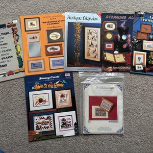 Cross Stitch Patterns |Antique Trains and Automobiles, Bicycles, Cars | Sports Lovers Booklets, Ski Lover Pattern, Softball, Soccer, Tennis