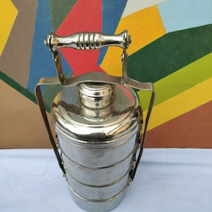 Vintage 5 Compartment Nickel Plated Brass Tiffin Box | Antique Brass Lunch Box | Roti Dabba With Locking System | Antique Brass Kitchenware