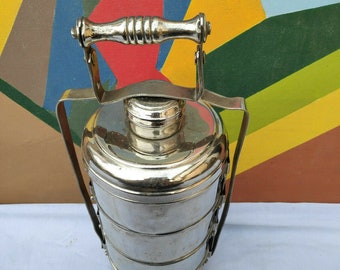 Vintage 5 Fach vernickelte Messing Tiffin Box | Antike Brotdose | Roti Dabba mit Schließsystem | Antikes Messing Küchengeschirr ML49
