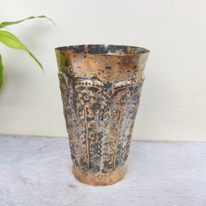 Vintage Copper Embossed Tumbler with Tin Coating | Beautiful Floral Design Copper Tumbler | Water, Milk, Lassi Tumbler | Copper Vase Z37