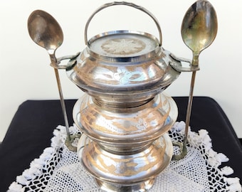 Vintage 3 Compartment Nickel Plated Inlay Engraved Tiffin Carrier with Spoon Locking System and Handle | Vintage Traditional Lunch Box