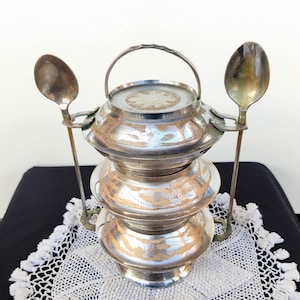 Vintage 3 Compartment Nickel Plated Inlay Engraved Tiffin Carrier with Spoon Locking System and Handle | Vintage Traditional Lunch Box