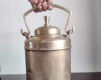 Vintage Brass Handcrafted Unique Shape Oil Can/Ghee Canister/Milk Storage Container With Handle Brass Pot/Indian Art Kitchenware Collectible