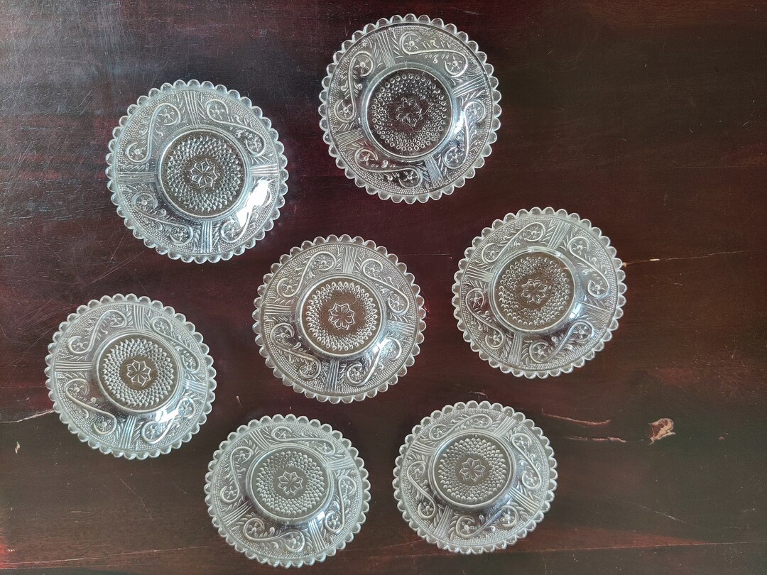 Antique Miniature Clear Glass Dessert Plate Set of 7 Vintage Glass