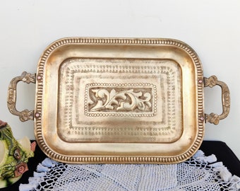 Vintage Large Ornate Brass Tray with Handles | Brass Serving Tray | Brass Decorative Tray | Rectangle Brass Ornate Display Decorative Tray