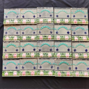 Vintage Floral Garland & Grass Design Majolica Nouveau Architecture Tile,Japan-Set of 20|Furniture Decorative Ceramic Vintage Tile CT250
