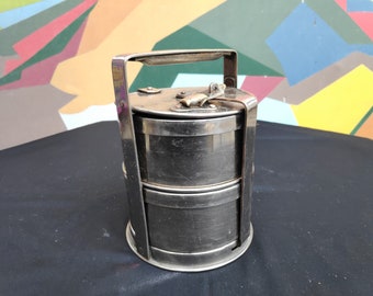 Vintage 2 Fach vernickelte Messing Tiffin Box | Antike Brotdose | Roti Dabba mit Schließsystem | Antikes Messing Geschirr ME705