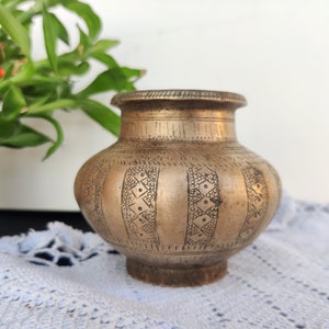 Antique Rare Brass Beautiful Motifs Engraved Water Pot | Vintage Brass Holy Water Pot | Antique Brass Kalash | Antique Brass Planter