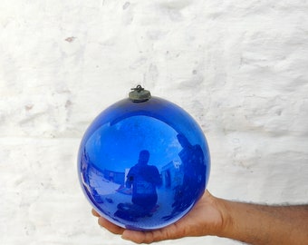 Antique Kugel 6.5" Cobalt Blue Round Christmas Ornament Germany Original Unique Design Brass Cap Christmas Tree Decorative Home Decor 545