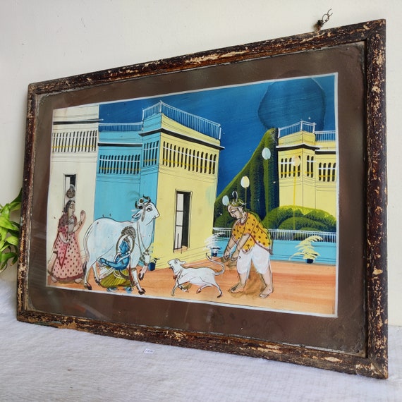 Vintage Lord Krishna Nathdwara Painting con cornice in legno originale 21 x  15 / Vintage Lord Krishna Mungere la mucca Pittura PR41 -  Italia